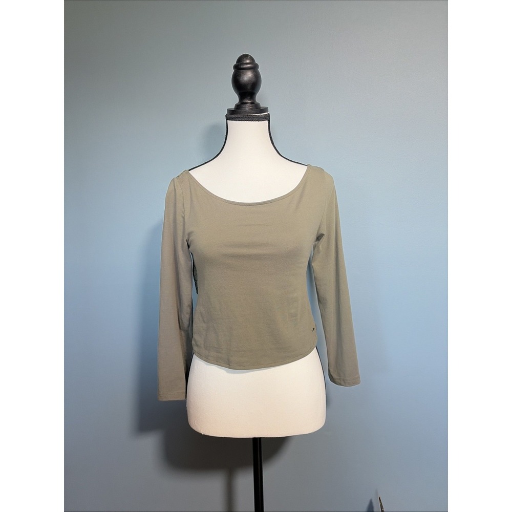 American Eagle Outfitters Cotton Crisscross Lace Back Crop Top Long Sleeve Olive